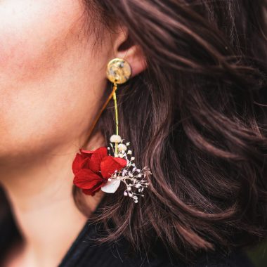 boucles d'oreilles fleurs, rouge et doré